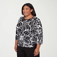 Alfred Dunner Classics Womens Plus Crew Neck 3/4 Sleeve T-Shirt