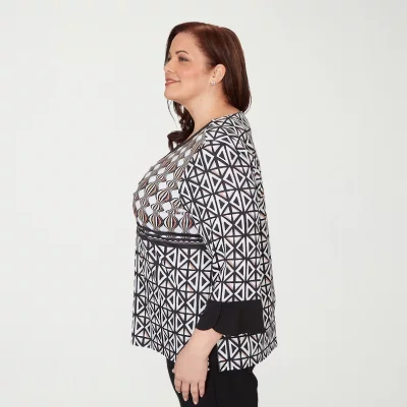 Alfred Dunner Classics Womens Plus Split Crew Neck 3/4 Sleeve T-Shirt