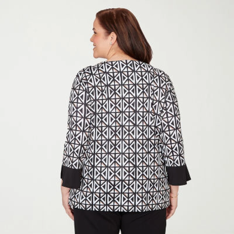 Alfred Dunner Classics Womens Plus Split Crew Neck 3/4 Sleeve T-Shirt