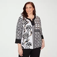 Alfred Dunner Classics Womens Plus Split Crew Neck 3/4 Sleeve T-Shirt