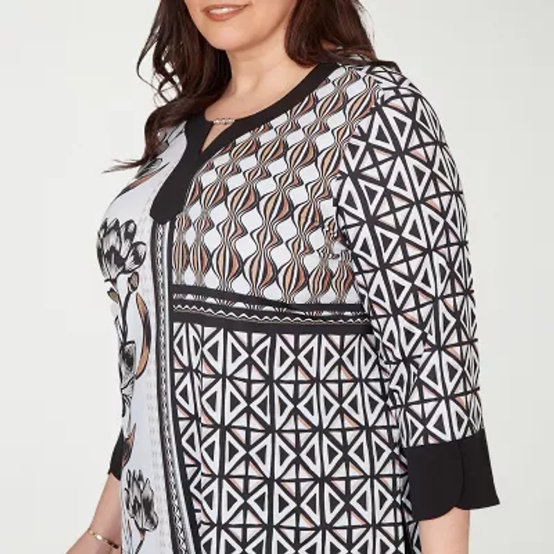 Alfred Dunner Classics Womens Plus Split Crew Neck 3/4 Sleeve T-Shirt