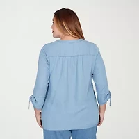 Alfred Dunner Austin Womens Plus Y Neck 3/4 Sleeve Embroidered Blouse