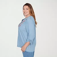 Alfred Dunner Austin Womens Plus Y Neck 3/4 Sleeve Embroidered Blouse
