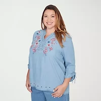 Alfred Dunner Austin Womens Plus Y Neck 3/4 Sleeve Embroidered Blouse