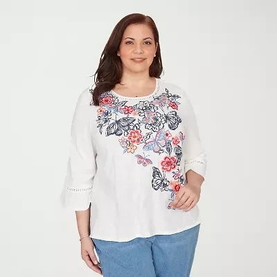 Alfred Dunner Austin Womens Plus Round Neck 3/4 Sleeve Embroidered Blouse