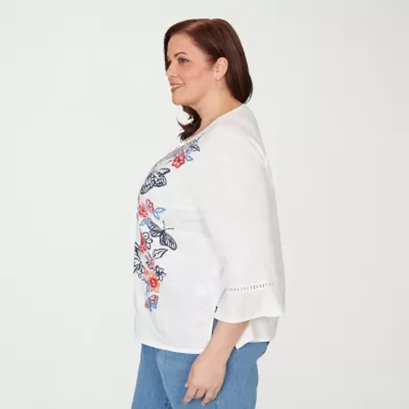 Alfred Dunner Austin Womens Plus Round Neck 3/4 Sleeve Embroidered Blouse