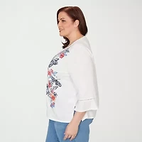 Alfred Dunner Austin Womens Plus Round Neck 3/4 Sleeve Embroidered Blouse