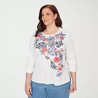 Alfred Dunner Austin Womens Plus Round Neck 3/4 Sleeve Embroidered Blouse