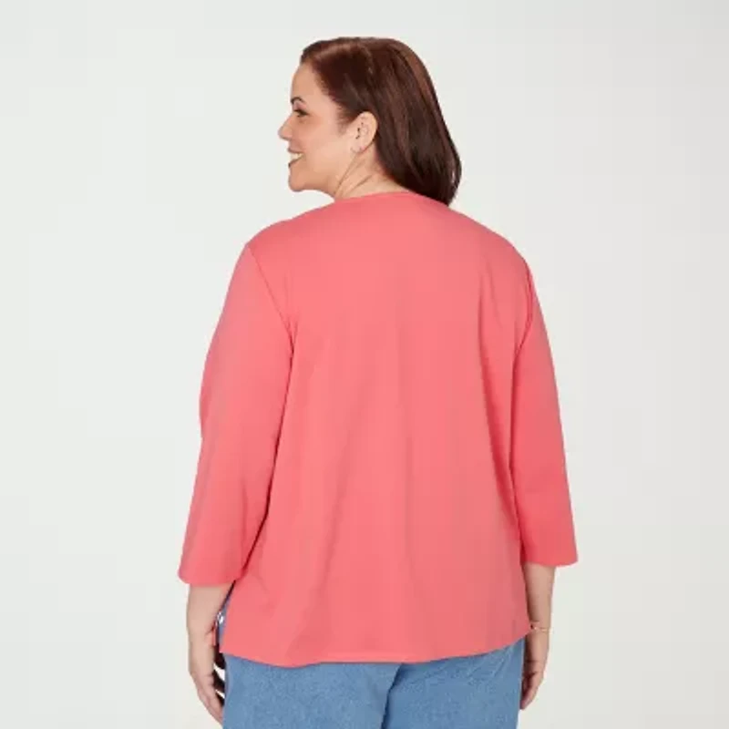 Alfred Dunner Austin Womens Plus Round Neck 3/4 Sleeve T-Shirt