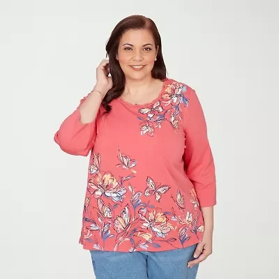 Alfred Dunner Austin Womens Plus Round Neck 3/4 Sleeve T-Shirt