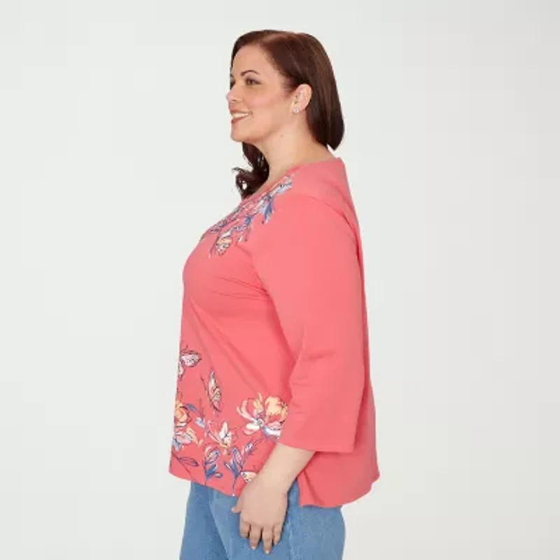 Alfred Dunner Austin Womens Plus Round Neck 3/4 Sleeve T-Shirt