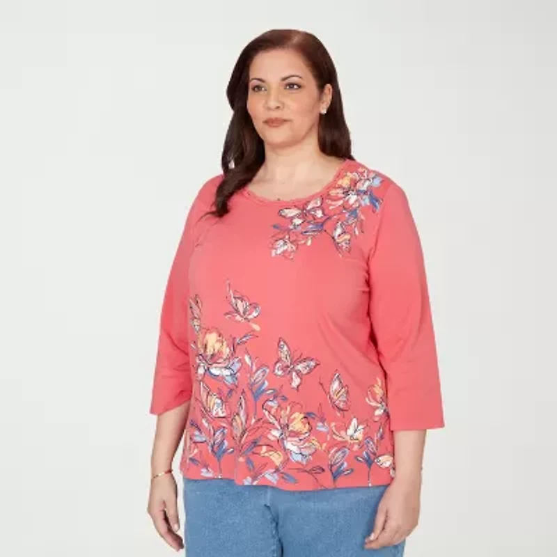 Alfred Dunner Austin Womens Plus Round Neck 3/4 Sleeve T-Shirt