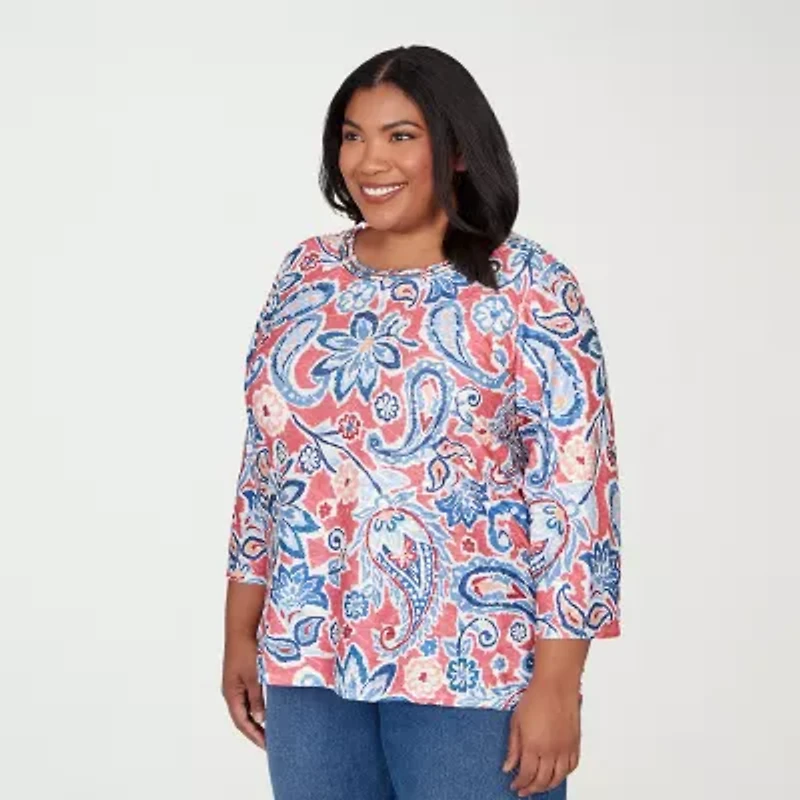 Alfred Dunner Austin Womens Plus Round Neck 3/4 Sleeve T-Shirt