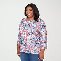 Alfred Dunner Austin Womens Plus Round Neck 3/4 Sleeve T-Shirt