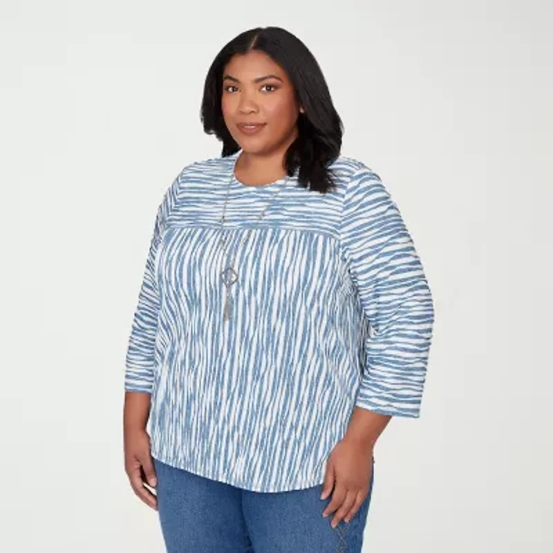Alfred Dunner Austin Womens Plus Crew Neck 3/4 Sleeve T-Shirt