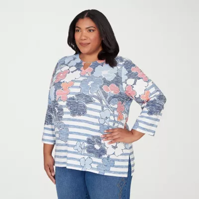 Alfred Dunner Austin Womens Plus Split Crew Neck 3/4 Sleeve T-Shirt