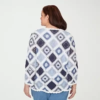 Alfred Dunner Plus Austin Womens Crew Neck 3/4 Sleeve Geometric Pullover Sweater