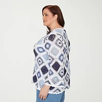 Alfred Dunner Plus Austin Womens Crew Neck 3/4 Sleeve Geometric Pullover Sweater
