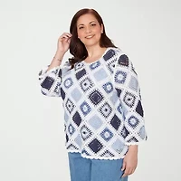 Alfred Dunner Plus Austin Womens Crew Neck 3/4 Sleeve Geometric Pullover Sweater