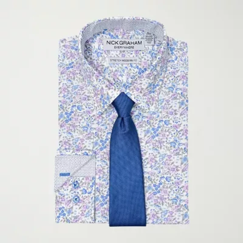Nick Graham Mens Spread Collar Long Sleeve Stretch Fabric Shirt + Tie Set