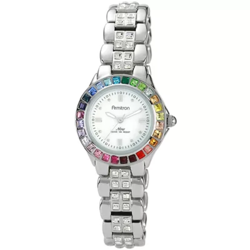 Armitron® Now® Womens Rainbow Crystal Accent Silver-Tone Mother-of-Pearl Watch