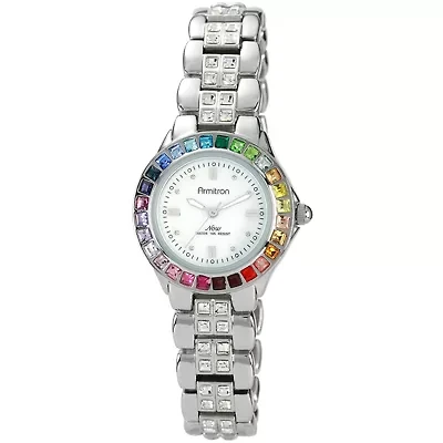 Armitron® Now® Womens Rainbow Crystal Accent Silver-Tone Mother-of-Pearl Watch