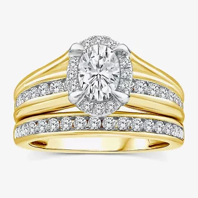 (G / Si1-Si2) Womens 1 1/2 CT. T.W. Lab Grown White Diamond 14K White Gold Oval Side Stone Halo Bridal Set