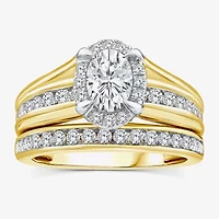 (G / Si1-Si2) Womens 1 1/2 CT. T.W. Lab Grown White Diamond 14K White Gold Oval Side Stone Halo Bridal Set