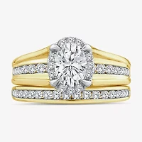 (G / Si1-Si2) Womens 1 1/2 CT. T.W. Lab Grown White Diamond 14K White Gold Oval Side Stone Halo Bridal Set