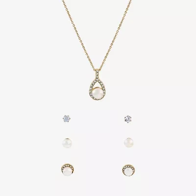 Sparkle Allure Light Up Box Womens Cubic Zirconia Simulated Pearl 18K Gold Over Brass Pear 4-pc. Jewelry Set