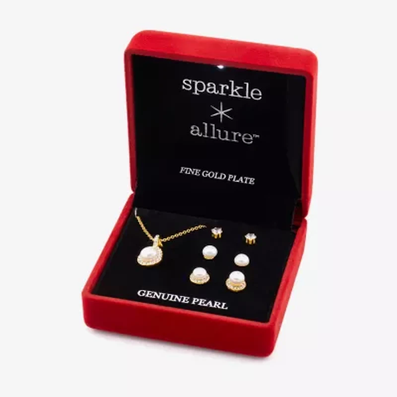 Sparkle Allure Light Up Box Womens Cubic Zirconia Simulated Pearl 18K Gold Over Brass Pear 4-pc. Jewelry Set