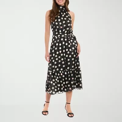 London Style Womens Sleeveless Dots Midi Petite Fit + Flare Dress
