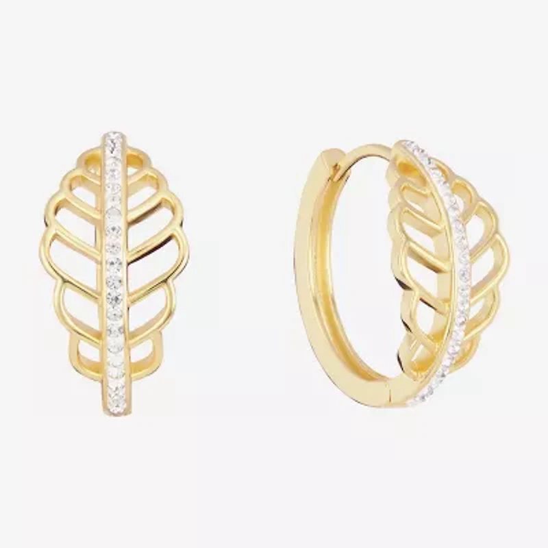 Sparkle Allure Leaf Womens Crystal 14K Gold Over Brass 15.5mm Hoop Earrings