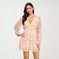 City Triangle Womens Long Sleeve Juniors Floral Babydoll Dress