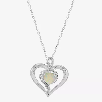 Limited Quantities! Womens Diamond Accent Lab Created White Opal Sterling Silver Heart 18 Inch Pendant Necklace