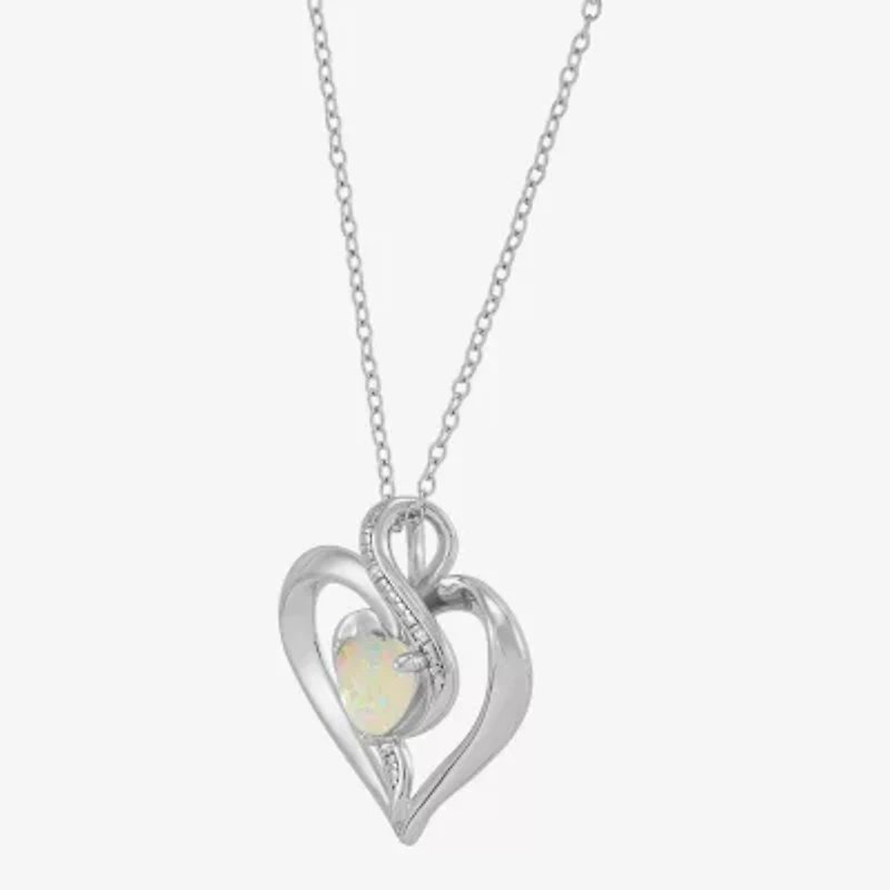 Limited Quantities! Womens Diamond Accent Lab Created White Opal Sterling Silver Heart 18 Inch Pendant Necklace