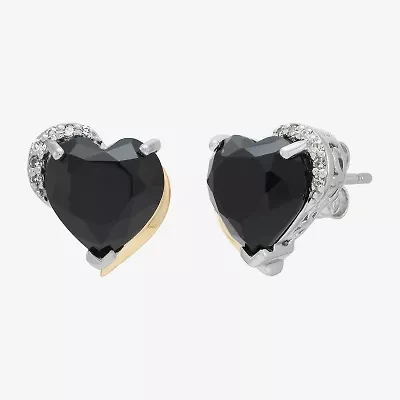 Limited Quantities! Diamond Accent Genuine Black Onyx Sterling Silver 10.4mm Heart Stud Earrings