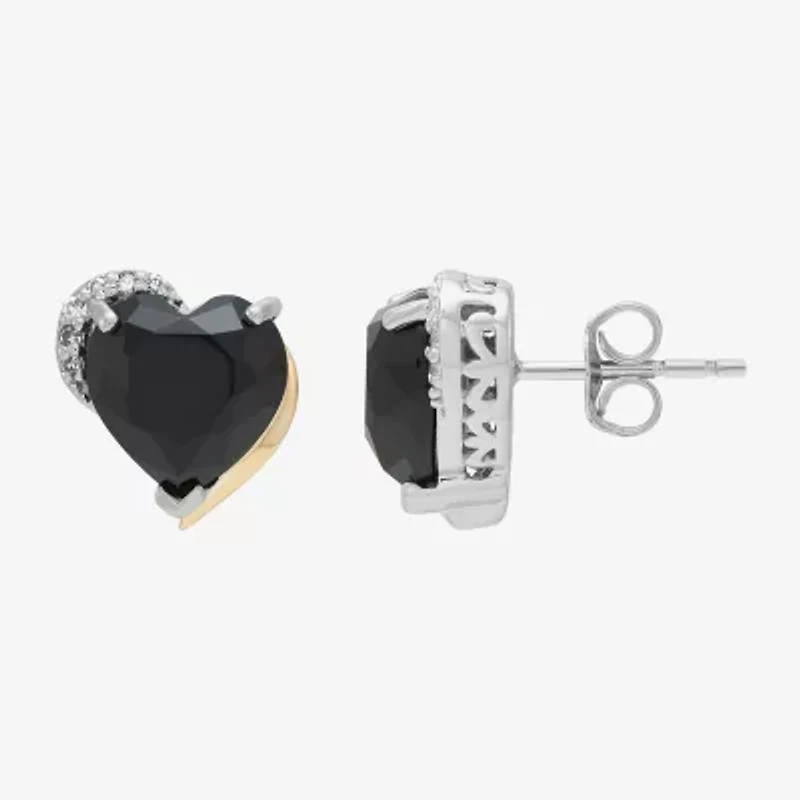 Limited Quantities! Diamond Accent Genuine Black Onyx Sterling Silver 10.4mm Heart Stud Earrings