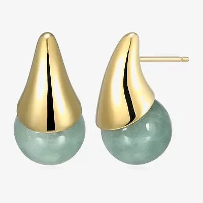 Genuine Green Jade 18K Gold Over Silver 19mm Stud Earrings