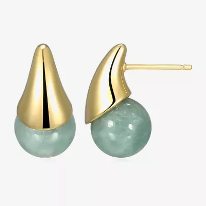 Genuine Green Jade 18K Gold Over Silver 19mm Stud Earrings