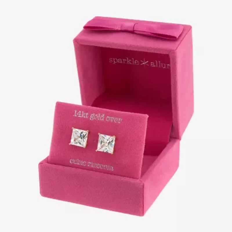 Sparkle Allure Cubic Zirconia 14K Gold Over Brass 8mm Square Stud Earrings