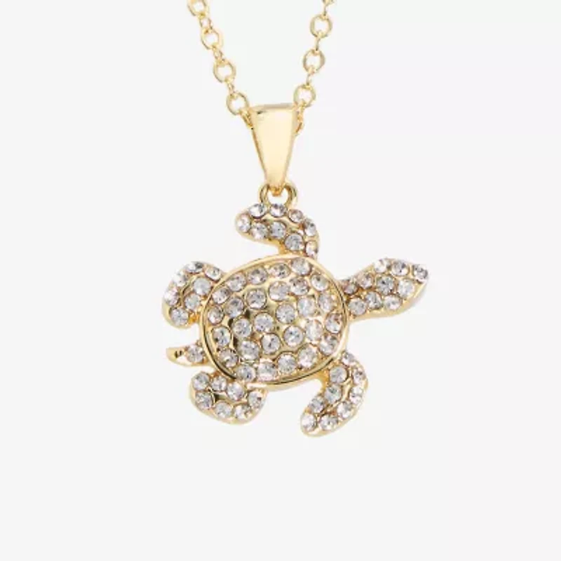 Silver Reflections Turtle Womens Crystal 14K Gold Over Brass 16 Inch Pendant Necklace