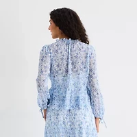 by&by Womens Juniors Split Tie Neck Long Sleeve Blouse