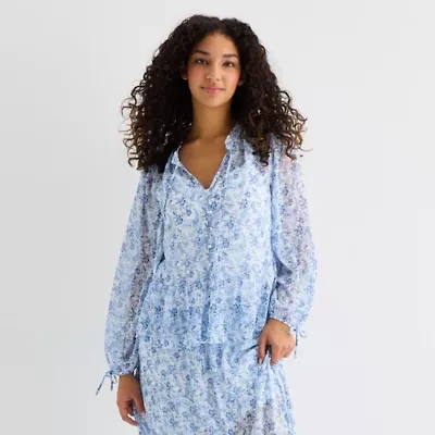 by&by Womens Juniors Split Tie Neck Long Sleeve Blouse