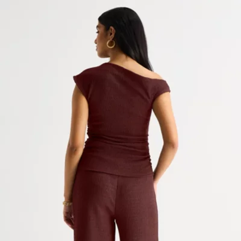 Bold Elements Womens Asymmetrical Neck Short Sleeve Blouse