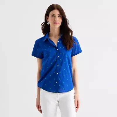 St. John's Bay Womens Short Sleeve Regular Fit Button-Down Shirt