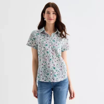 St. John's Bay Womens Short Sleeve Regular Fit Button-Down Shirt