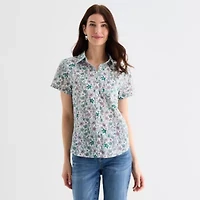 St. John's Bay Womens Short Sleeve Regular Fit Button-Down Shirt