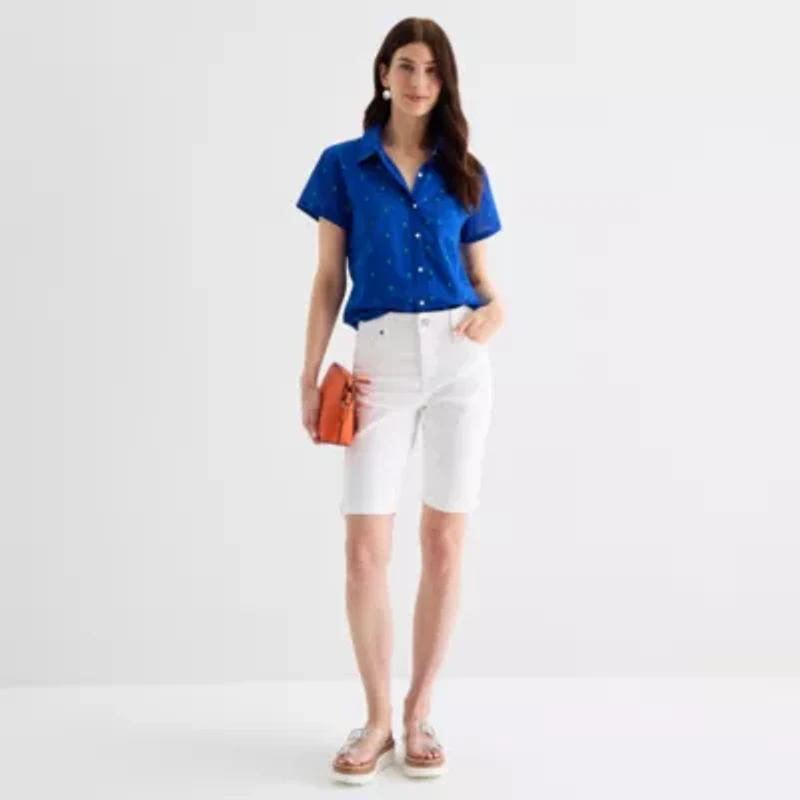 St. John's Bay Womens Short Sleeve Regular Fit Button-Down Shirt