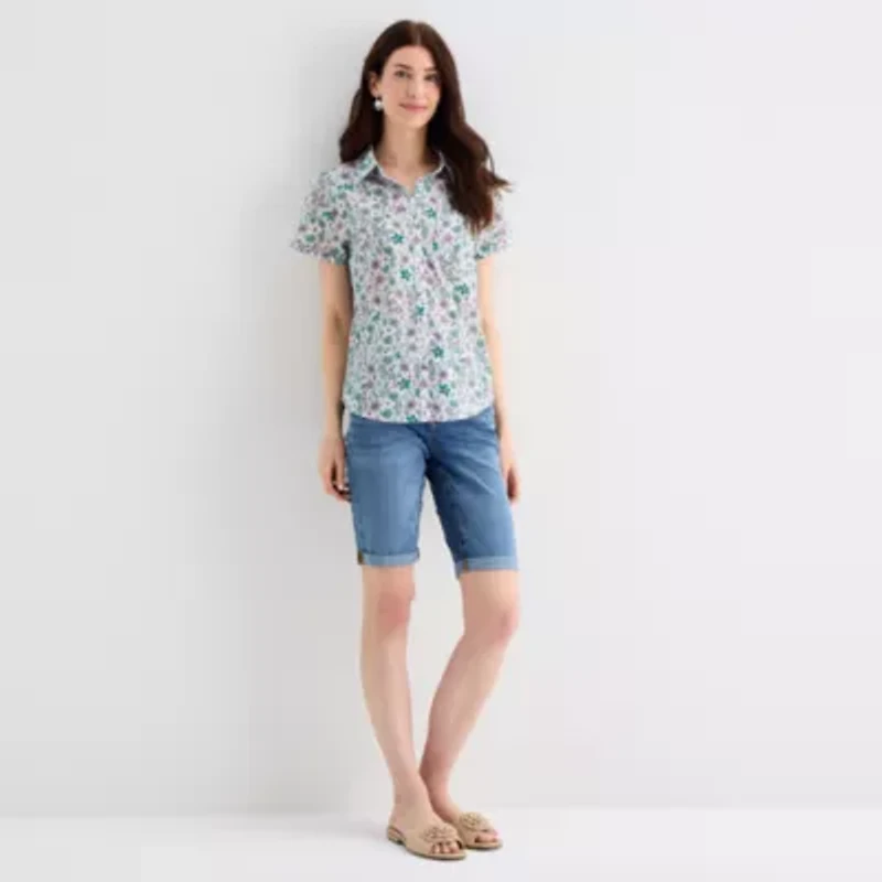St. John's Bay Womens Short Sleeve Regular Fit Button-Down Shirt